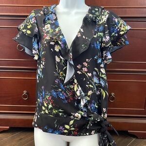 Parker black floral multi color short sleeve ruffle wrap blouse
